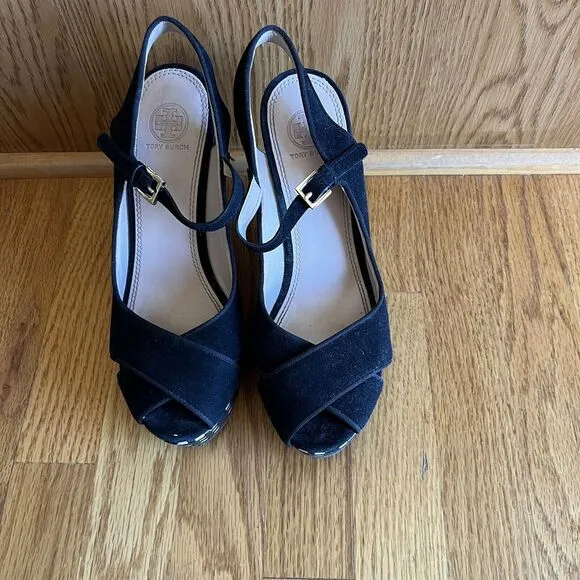 Tory Burch Espadrilles Wedge Sandals 8.5 M‎ Black Suede Slingback