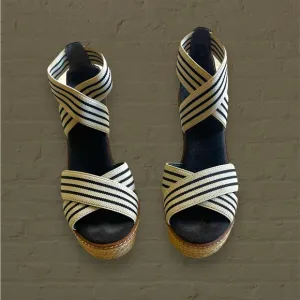 TORY BURCH Frieda wedge espadrilles sandals black white stripe elastic - sz 6.5M