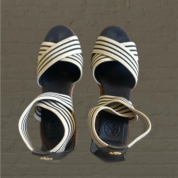 TORY BURCH Frieda wedge espadrilles sandals black white stripe elastic - sz 6.5M