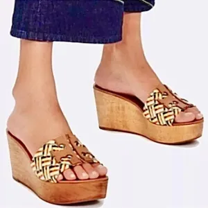 Tory Burch Ines Woven Wedge Slides Platform Shoes Sandals Size 10.5