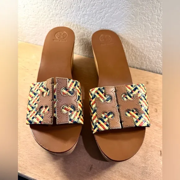 Tory Burch Ines Woven Wedge Slides Platform Shoes Sandals Size 10.5