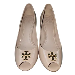 Tory Burch Lowell Patent Leather Peep Toe Wedge Platform Shoes In 6.5