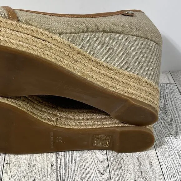 TORY BURCH MAJORCA Logo Wedge Espadrille Shoes Womens 8 EU 38 Plata Tan Metallic