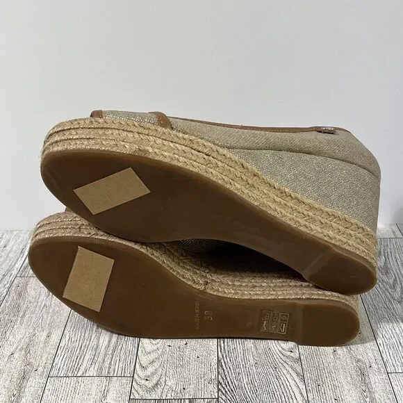 TORY BURCH MAJORCA Logo Wedge Espadrille Shoes Womens 8 EU 38 Plata Tan Metallic