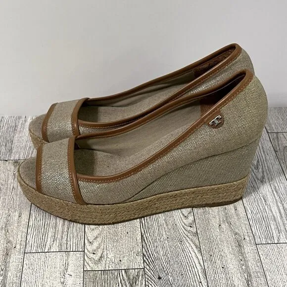 TORY BURCH MAJORCA Logo Wedge Espadrille Shoes Womens 8 EU 38 Plata Tan Metallic