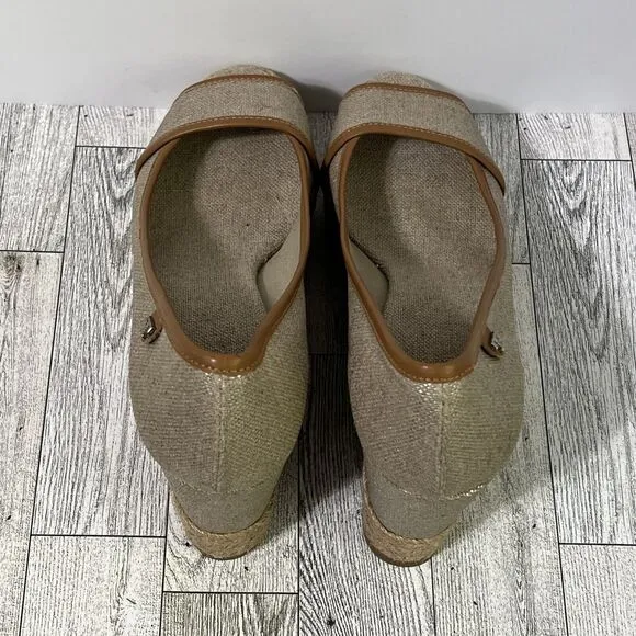 TORY BURCH MAJORCA Logo Wedge Espadrille Shoes Womens 8 EU 38 Plata Tan Metallic