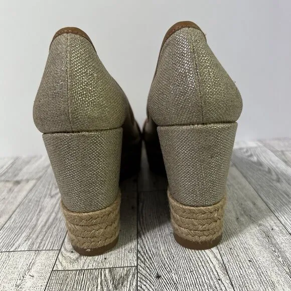TORY BURCH MAJORCA Logo Wedge Espadrille Shoes Womens 8 EU 38 Plata Tan Metallic
