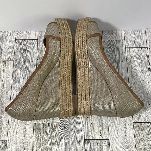 TORY BURCH MAJORCA Logo Wedge Espadrille Shoes Womens 8 EU 38 Plata Tan Metallic