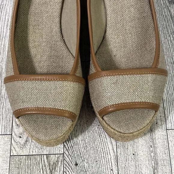 TORY BURCH MAJORCA Logo Wedge Espadrille Shoes Womens 8 EU 38 Plata Tan Metallic