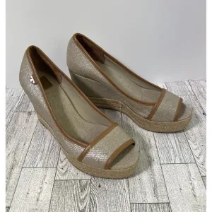 TORY BURCH MAJORCA Logo Wedge Espadrille Shoes Womens 8 EU 38 Plata Tan Metallic