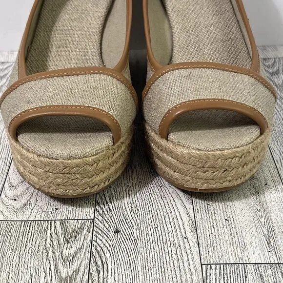 TORY BURCH MAJORCA Logo Wedge Espadrille Shoes Womens 8 EU 38 Plata Tan Metallic