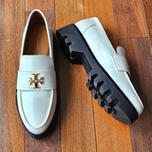 Tory Burch Mini Everly White Leather Chunky Loafers Size 8