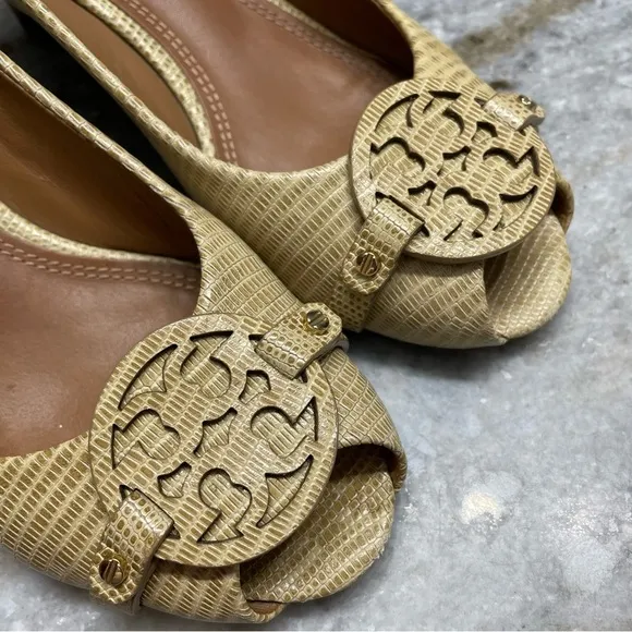 Tory Burch Mini Miller Open-Toe Wedge Shoes in trench tan women’s 8.5