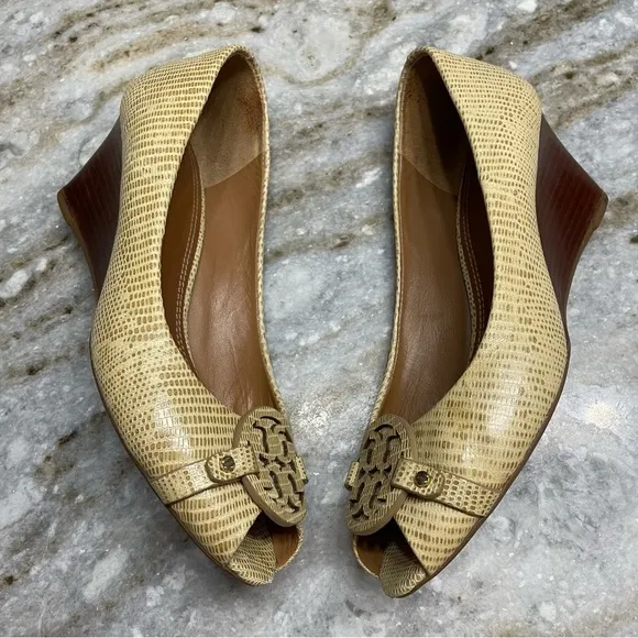 Tory Burch Mini Miller Open-Toe Wedge Shoes in trench tan women’s 8.5