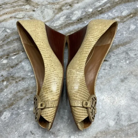 Tory Burch Mini Miller Open-Toe Wedge Shoes in trench tan women’s 8.5