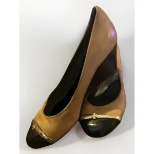Tory Burch Pacey Wedge Heels Women's 8.5M Brown Tan Leather Black Patent Cap Toe