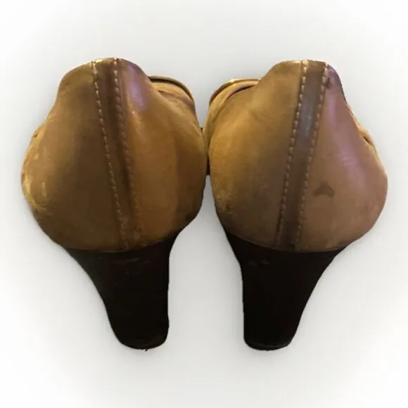 Tory Burch Pacey Wedge Heels Women's 8.5M Brown Tan Leather Black Patent Cap Toe