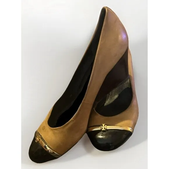 Tory Burch Pacey Wedge Heels Women's 8.5M Brown Tan Leather Black Patent Cap Toe