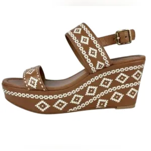 Tory Burch Reena Tan Leather Americana Tribul Platform Wedge Sandals Sz 7.5