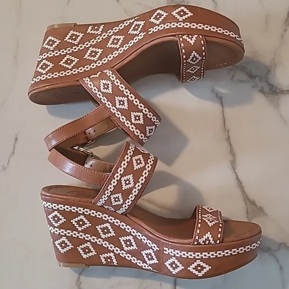 Tory Burch Reena Tan Leather Americana Tribul Platform Wedge Sandals Sz 7.5