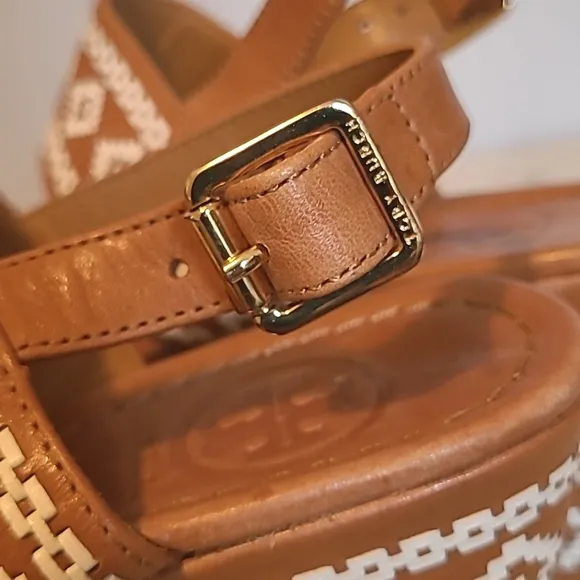 Tory Burch Reena Tan Leather Americana Tribul Platform Wedge Sandals Sz 7.5