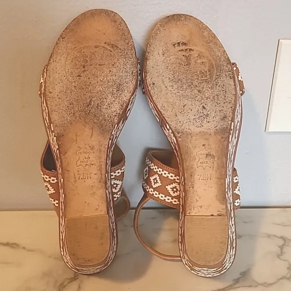 Tory Burch Reena Tan Leather Americana Tribul Platform Wedge Sandals Sz 7.5