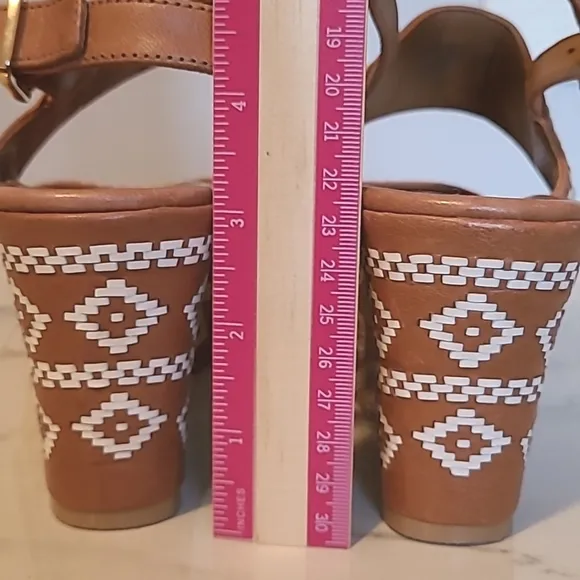 Tory Burch Reena Tan Leather Americana Tribul Platform Wedge Sandals Sz 7.5