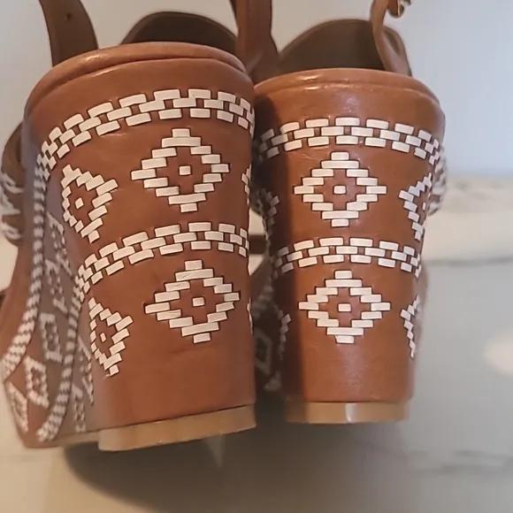 Tory Burch Reena Tan Leather Americana Tribul Platform Wedge Sandals Sz 7.5