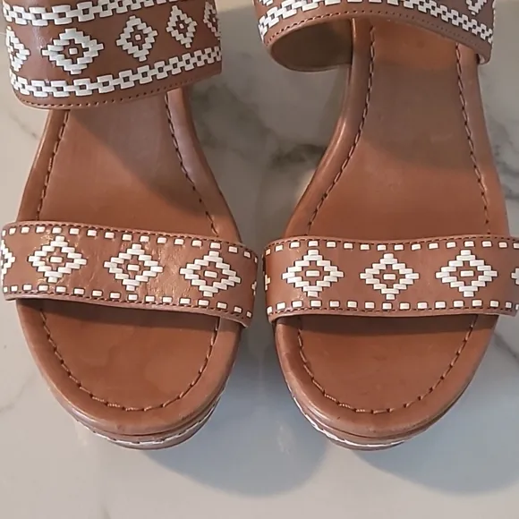 Tory Burch Reena Tan Leather Americana Tribul Platform Wedge Sandals Sz 7.5