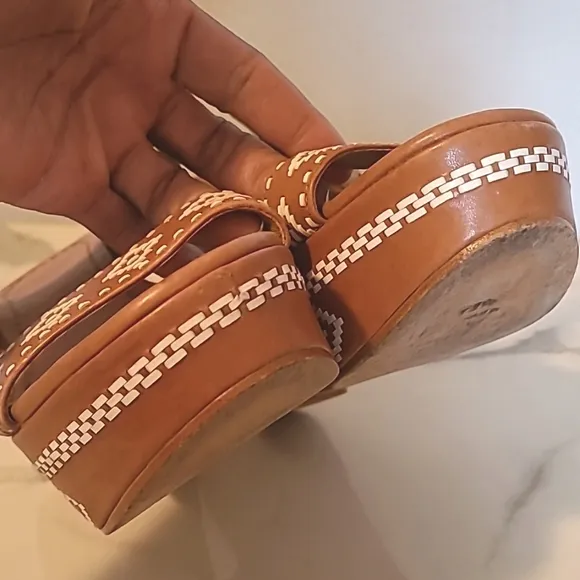 Tory Burch Reena Tan Leather Americana Tribul Platform Wedge Sandals Sz 7.5