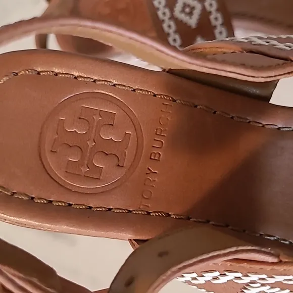 Tory Burch Reena Tan Leather Americana Tribul Platform Wedge Sandals Sz 7.5