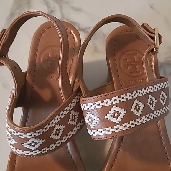 Tory Burch Reena Tan Leather Americana Tribul Platform Wedge Sandals Sz 7.5