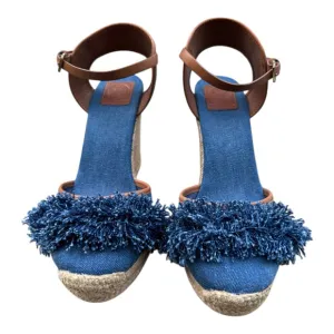Tory Burch Shaw Espadrille Wedge Sandals 10.5 – Denim Fringe Platform Heels