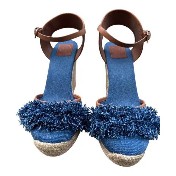 Tory Burch Shaw Espadrille Wedge Sandals 10.5 – Denim Fringe Platform Heels