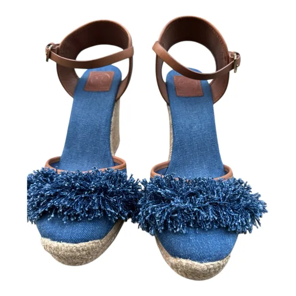 Tory Burch Shaw Espadrille Wedge Sandals 10.5 – Denim Fringe Platform Heels