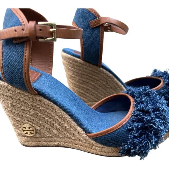 Tory Burch Shaw Espadrille Wedge Sandals 10.5 – Denim Fringe Platform Heels