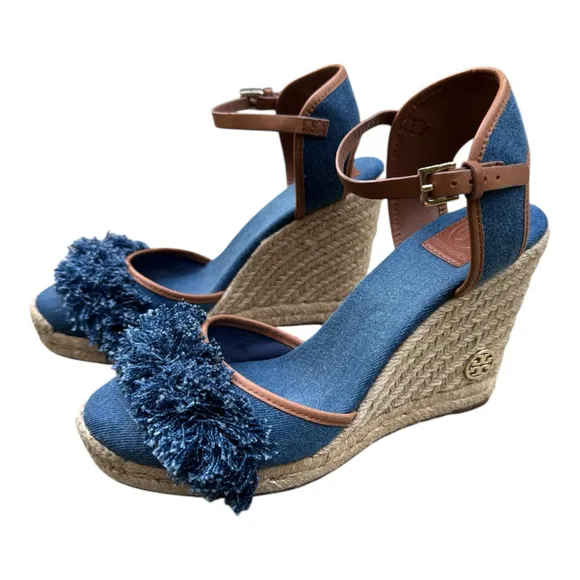 Tory Burch Shaw Espadrille Wedge Sandals 10.5 – Denim Fringe Platform Heels