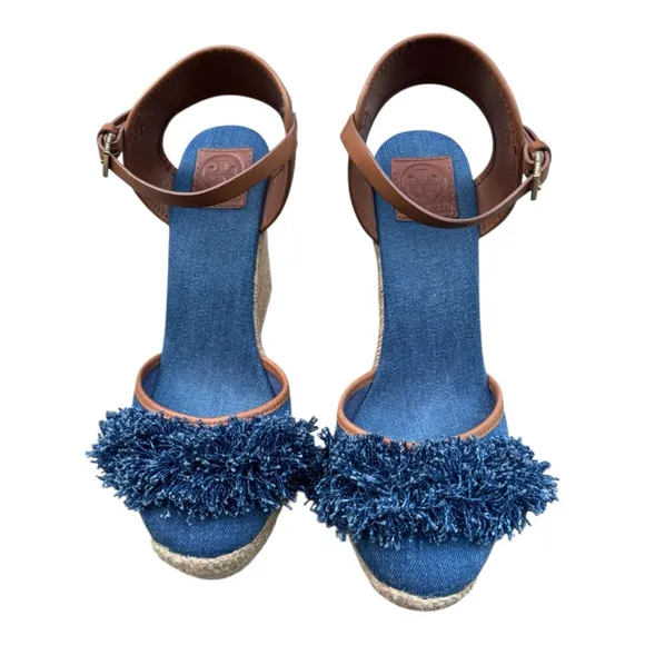 Tory Burch Shaw Espadrille Wedge Sandals 10.5 – Denim Fringe Platform Heels