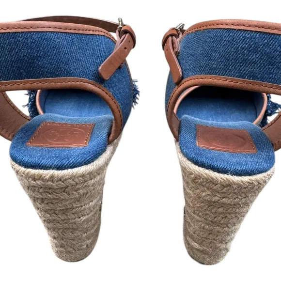 Tory Burch Shaw Espadrille Wedge Sandals 10.5 – Denim Fringe Platform Heels