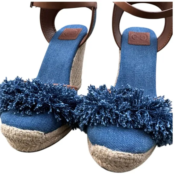 Tory Burch Shaw Espadrille Wedge Sandals 10.5 – Denim Fringe Platform Heels