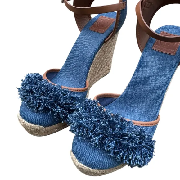 Tory Burch Shaw Espadrille Wedge Sandals 10.5 – Denim Fringe Platform Heels