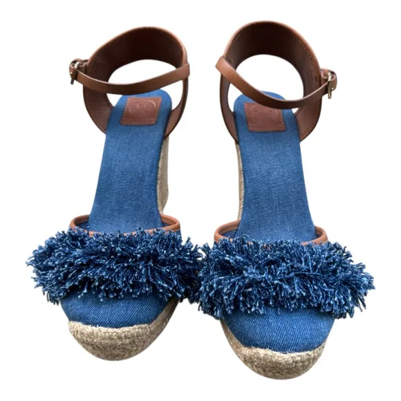 Tory Burch Shaw Espadrille Wedge Sandals 10.5 – Denim Fringe Platform Heels
