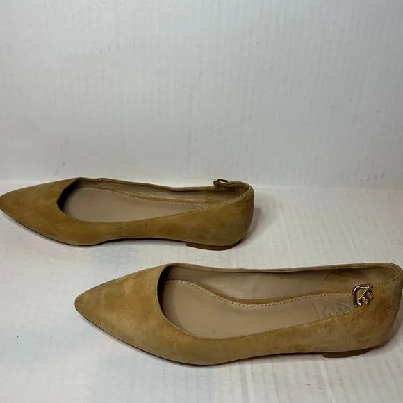 Tory Burch Size 5 Logo Nude Quiet Luxury Pointed Toe Flats Shoe Suede Tan Career