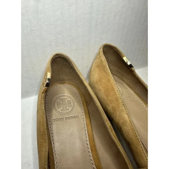 Tory Burch Size 5 Logo Nude Quiet Luxury Pointed Toe Flats Shoe Suede Tan Career