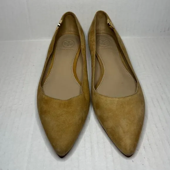 Tory Burch Size 5 Logo Nude Quiet Luxury Pointed Toe Flats Shoe Suede Tan Career