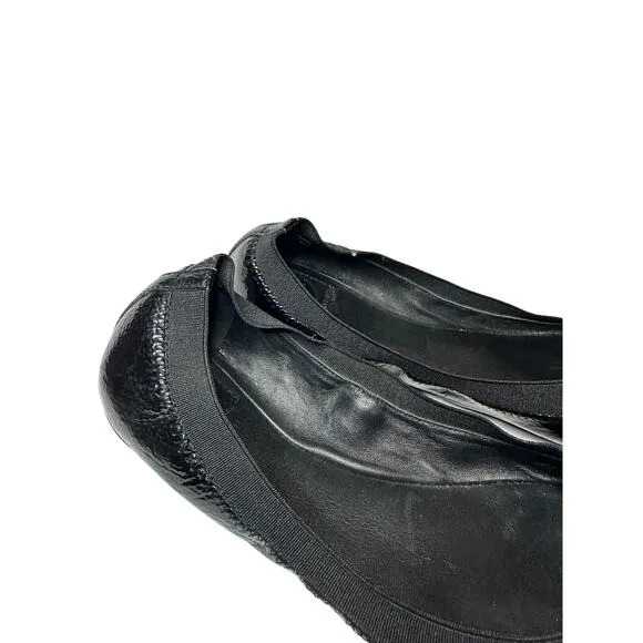 Tory Burch Size 9.5 Gold Black Patent Leather Logo Caroline Office Siren Flats