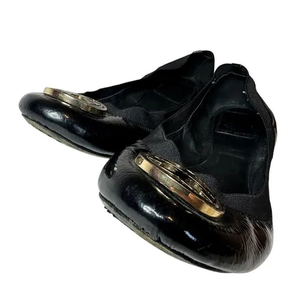 Tory Burch Size 9.5 Gold Black Patent Leather Logo Caroline Office Siren Flats