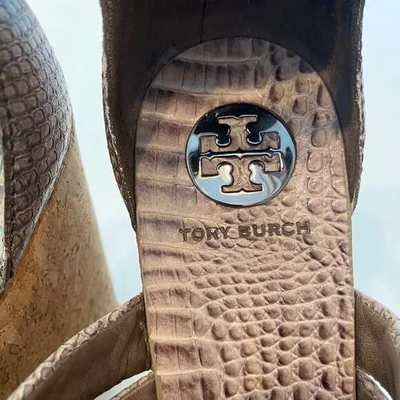 Tory Burch Taupe Python Embossed Leather Cork Wedge‎ Strappy Sandals Size 10 M