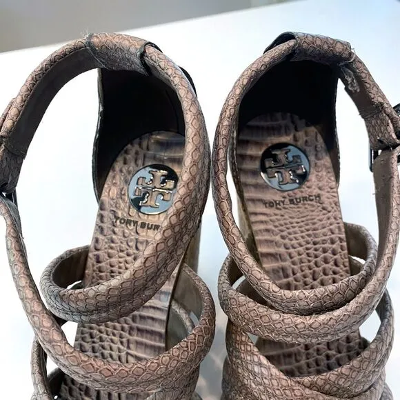 Tory Burch Taupe Python Embossed Leather Cork Wedge‎ Strappy Sandals Size 10 M