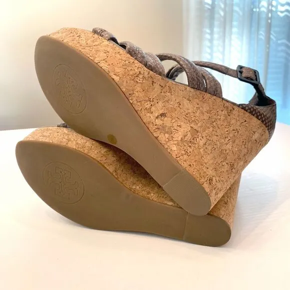 Tory Burch Taupe Python Embossed Leather Cork Wedge‎ Strappy Sandals Size 10 M